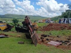 裝有聯合收割機的卡車在剎車失靈後在 BR-060 上翻車