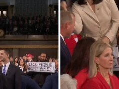 眾議員艾爾·格林在國情咨文演講中舉著「黑人不是猿」的牌子