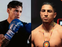 瑞安·加西亞 (Ryan Garcia) 在 2 月 21 日的比賽中下棋失誤後警告馬裡奧·巴里奧斯 (Mario Barrios)