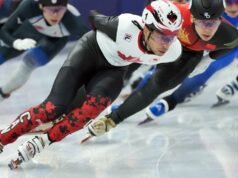 在奧運短道1500公尺比賽中,加拿大選手丹齊瑙和杜波依斯無緣頒獎台。