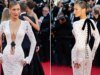 貝拉哈蒂德 (Bella Hadid) 在坎城影展上穿著 Schiaparelli 深V禮服。