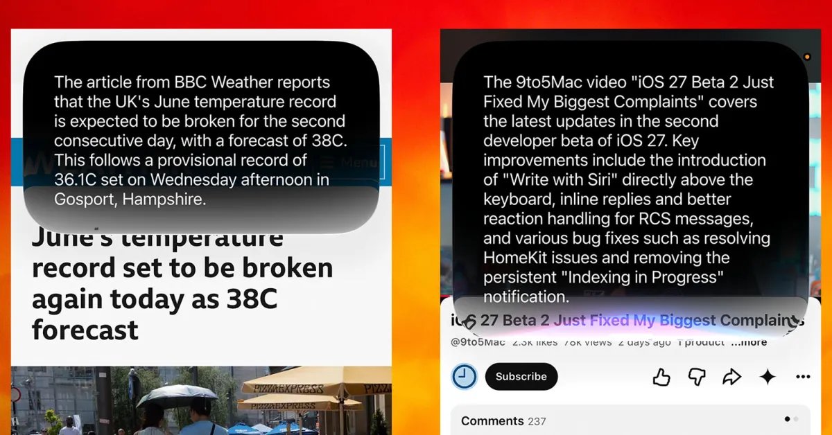 Siri 有時會總結 Safari 和 YouTube 中的網頁和影片。