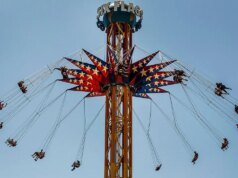 喬治亞六旗遊樂園的遊客在盪鞦韆時漂浮在空中。